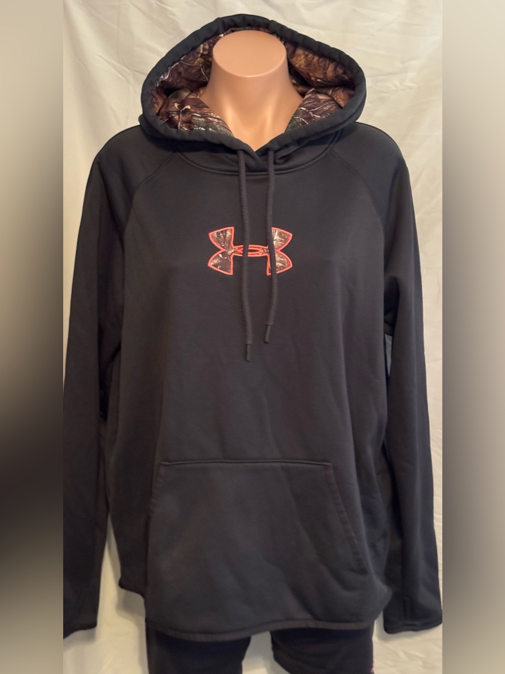 Under Armour Black and Pink Hoodie with Camo-Trim Logo